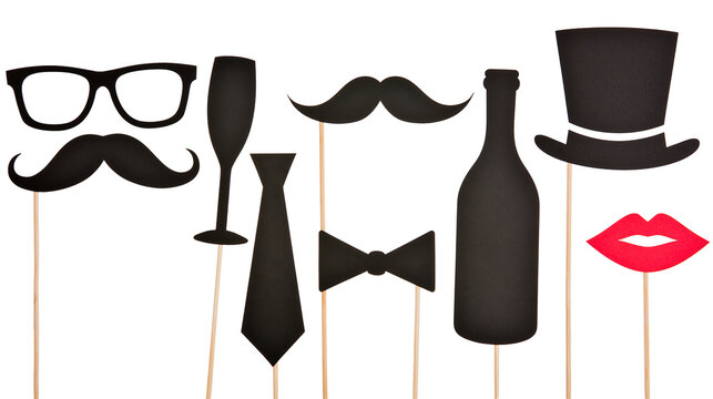 Party Photo Booth Props Glasses Mustaches Lips Tie Bow Tie Top Hat Champagne Glass, Bottle