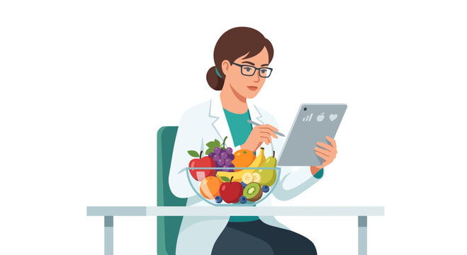 Professional female nutritionist analyzing fresh fruit bowl with digital tablet for healthy diet planning flat vector element.