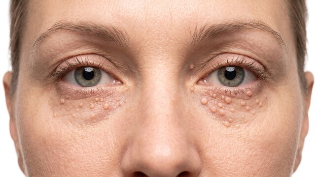 Front view close up of female eyes with multiple small flesh colored syringoma papules on lower eyelids
