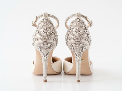 beautiful bride's high heel bedazzled shoes seen from back angle, isolated on white background	