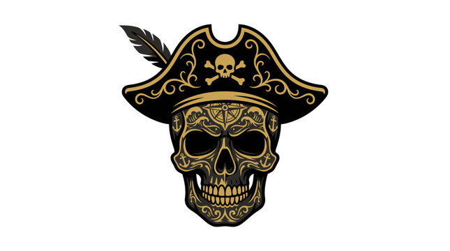 Pirate skull wearing black gold ornate bicorne hat.