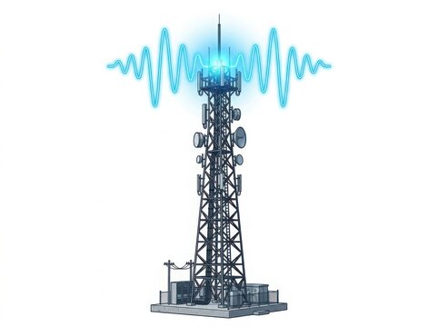 Cell tower transmitting sound waves illustration isolated on white background
