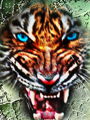  Aggressive roaring tiger head with glowing blue eyes and neon grunge fantasy digital art style.