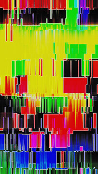 Neon yellow and multi-color glitch halftone with datamosh dot pattern and analog distortion. Suits retro music and underground album cover design