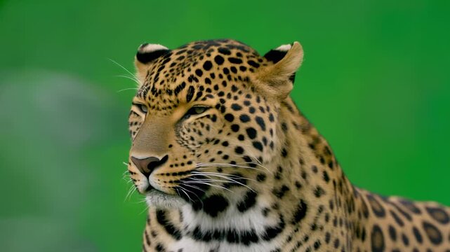 Leopard resting with subtle eye movements in lush green jungle background cinematic