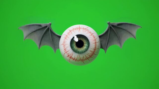 Halloween flying eyeballs with bat wings against green screen moving eerily for spooky season