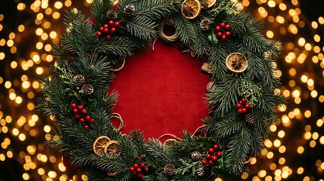 Christmas wreath with festive ornaments against warm golden bokeh light