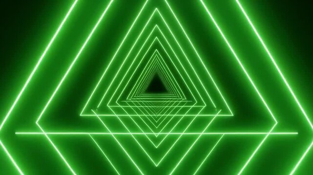 Green neon triangle tunnel looping animation with cinematic camera movement and depth