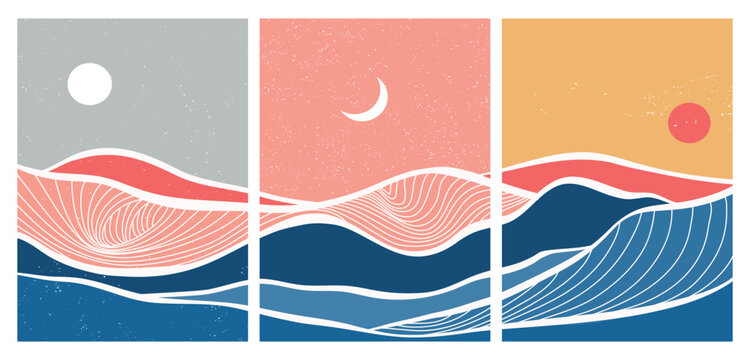 Ocean wave landscape on set. Creative minimalist modern paint and line art print. Ocean wave backgrounds landscapes. with sea, skyline, wave. vector illustrations