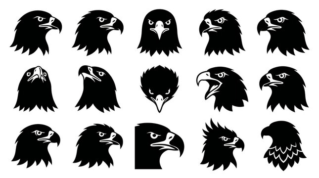 Set of eagle head silhouettes in different aggressive and stoic poses for logo design and sports mascots