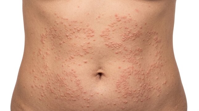 Close up of skin rash hives and allergic papules on female abdomen
