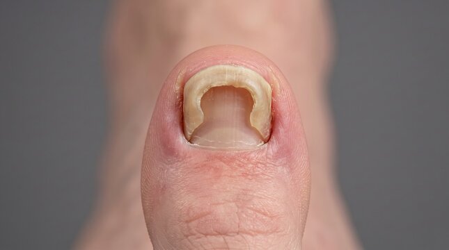Extreme close up of severe pincer nail deformity on big toe nail fold