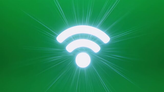 Glowing Wi-Fi symbols radiating light against a vibrant green background with cinematic motion and a subtle zoom effect