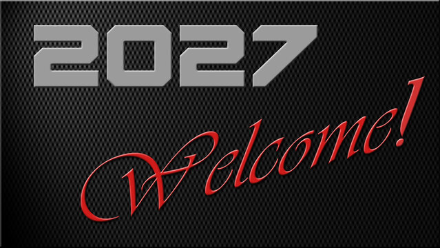 2027 WELCOME lettering with carbon graphic elements on background - 3D Illustration