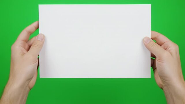 Hands Hold Blank Paper on Green Screen in Cinematic Motion for Presentations