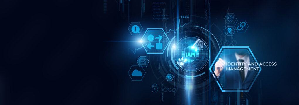 IAM and identity data on digital interface. Access control, authentication systems, cybersecurity, user management, data protection, digital security solutions.
