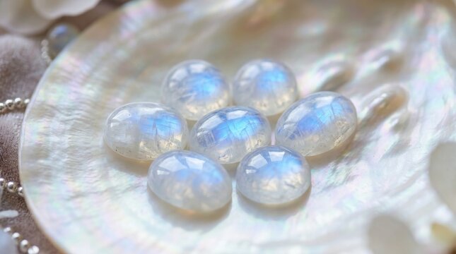 Smooth Translucent Moonstone Cabochons Displaying Blue Iridescence on a Pearly Background