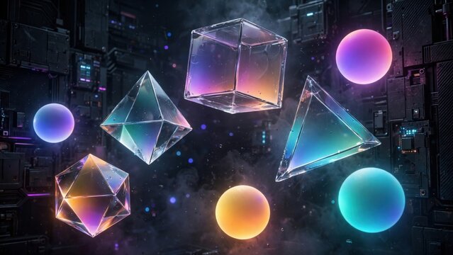 Abstract Geometric Shapes and Glowing Spheres in Cosmic Nebula.