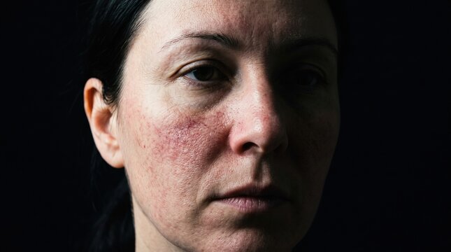Frontal close up of woman face showing facial rosacea redness and broken capillaries