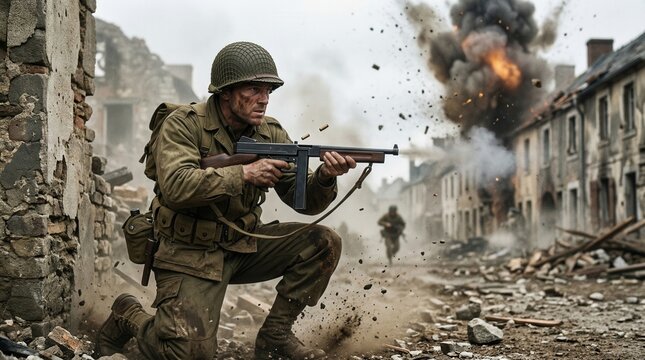 American soldier in combat holding a vintage tommy gun during a fierce urban battle.