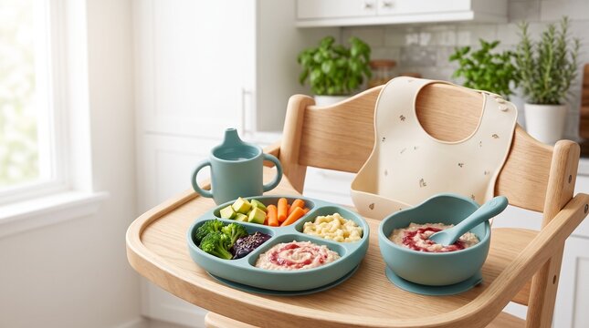 Toddler feeding set with silicone suction plate bowl and sippy cup on wooden high chair in modern kitchen