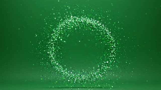 Sparkling white particles forming a glowing circle against a dark green gradient background during a cinematic motion sequence