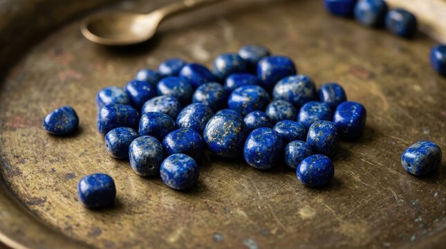 Smooth Tumbled Lapis Lazuli Beads with Flecks of Gold Scattered on a Textured Surface with a Spoon