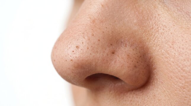 Macro shot of human nose showing enlarged pores dark clogged blackheads and sebum
