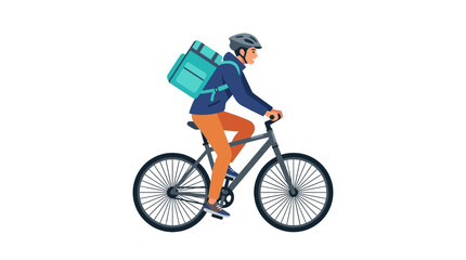 Fototapeta premium Energetic delivery courier pedaling a bicycle with thermal backpack for food service flat vector element