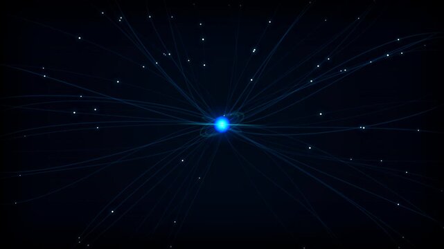 Fiber Optic Nexus: An abstract animation of a glowing blue central node radiating thin lines of light and data particles across a dark background, symbolizing digital connectivity and network communic