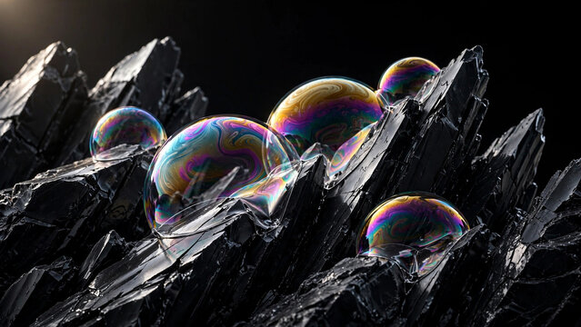 Iridescent soap bubbles resting on sharp jagged black obsidian rocks abstract 3d background
