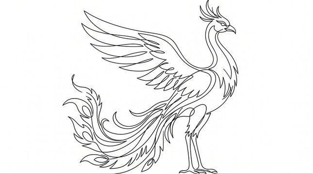 One line drawing of a majestic phoenix rising mythical fire bird black vector illustration on white background