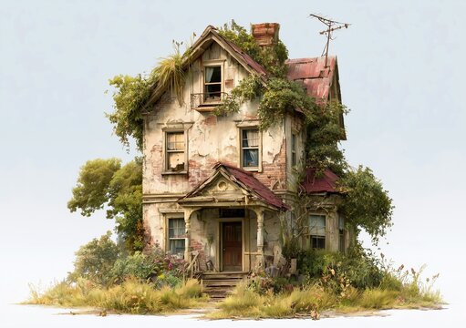 A poetic and atmospheric illustration of a decrepit house surrounded by wild nature. Overgrown plants, rustic charm, and forgotten history evoke a quiet, scenic, and mysterious solitude.