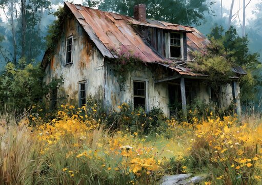 A poetic and atmospheric illustration of a decrepit house surrounded by wild nature. Overgrown plants, rustic charm, and forgotten history evoke a quiet, scenic, and mysterious solitude.
