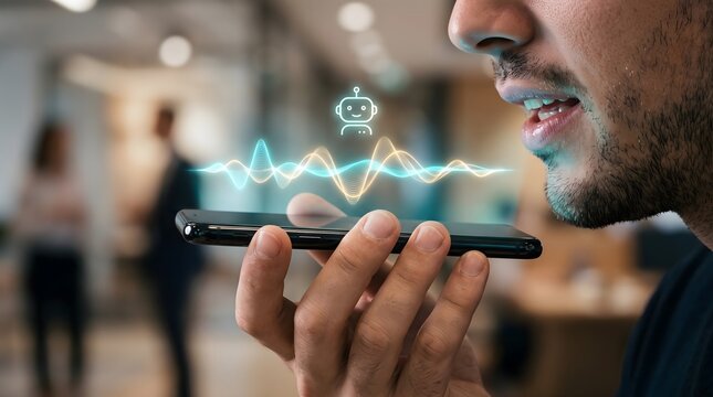 Close up of a man speaking into his smartphone with glowing digital voice assistant interface and robot icon for artificial intelligence and smart technology concept