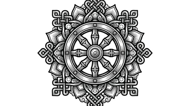 Ornate Dharmachakra wheel of dharma in intricate mandala style.