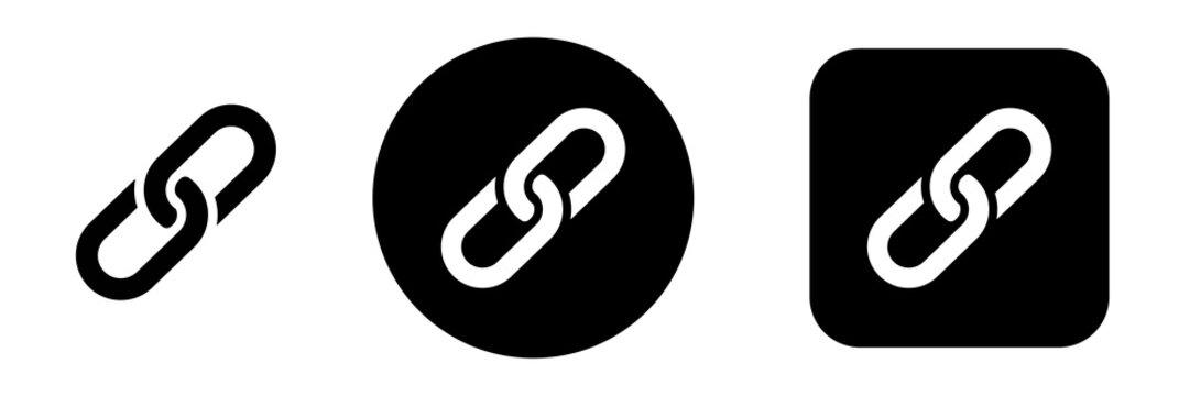 Link button icon set with chain link and hyperlink symbols. Solid URL and web navigation icons for dashboards, app and web interfaces