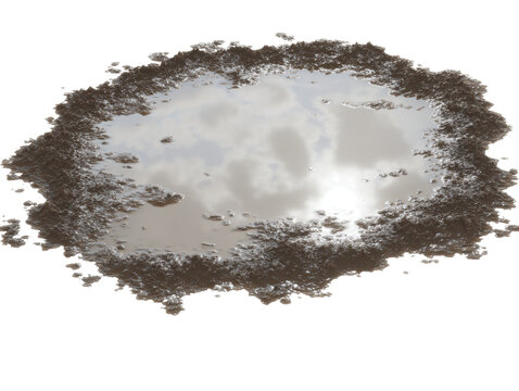 Photorealistic dirty mud puddle filled with rainwater, wet natural surface and subtle reflections, isolated top view transparent PNG