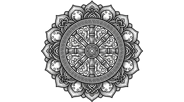 Detailed Buddhist Dharma wheel mandala design.