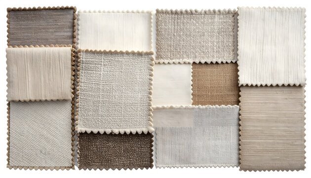Muestrario de tejidos en tonos neutros con diferentes texturas y acabados sobre fondo blanco