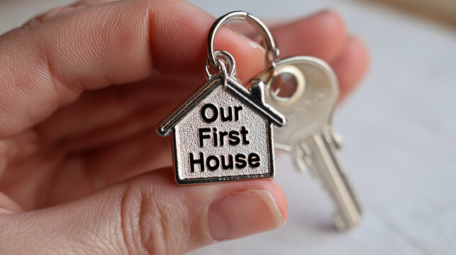Closeup of a person holding a houseshaped keychain with the text our first house and keys, symbolizing home ownership and new beginnings