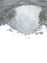 Fototapeta premium Isolated city puddle with realistic reflection of cloudy sky on wet water surface, irregular organic shape, top view, transparent PNG