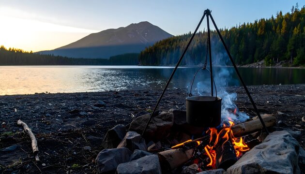 Hoguera junto a un lago con olla suspendida sobre el fuego y paisaje de monta&ntilde;a al atardecer