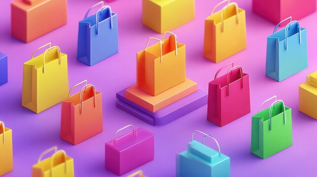 Shopping bags in various vibrant colors are arranged in a precise isometric grid pattern on a solid purple background to signify consumerism and retail marketing strategies for e-commerce platforms.