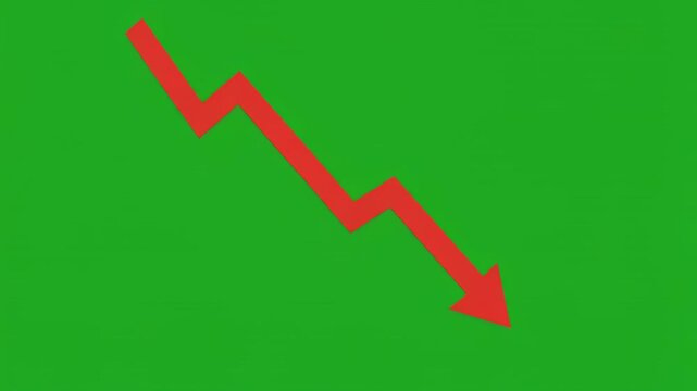 Red downward arrow graph moving across green screen with black bar separating sections symbolizing financial decline