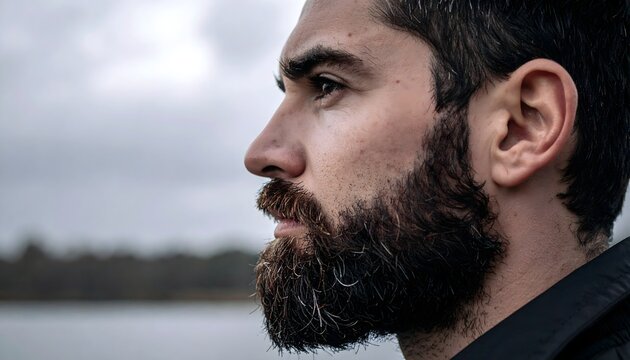 Primer plano de hombre con barba visto de perfil al aire libre con paisaje desenfocado al fondo