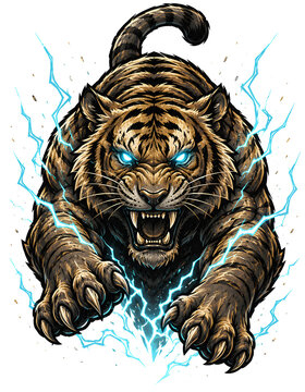 Powerful tiger mascot logo sticker with electric lightning on transparent background isolated apparel print is perfect for esports gaming team merchandise and competitive streetwear brands