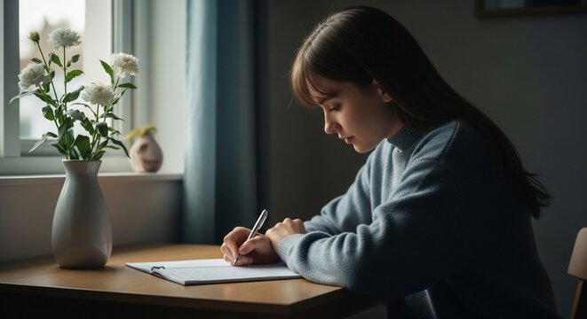 Woman writing at desk