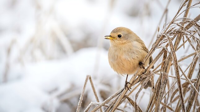 Small wild bird perched on frosty dry branches in winter snow with wildlife
