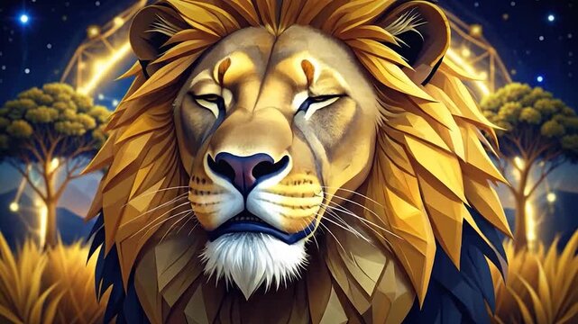 Lion head with golden halo in savanna landscape.